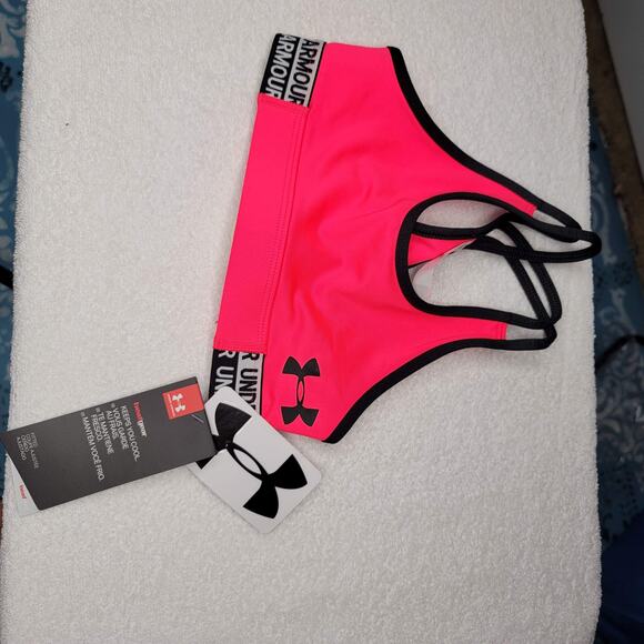 Under ARMOUR NEW Girls Heat gear Workout Sports Bra Elastic Straps Pink Medium - Picture 2 of 5